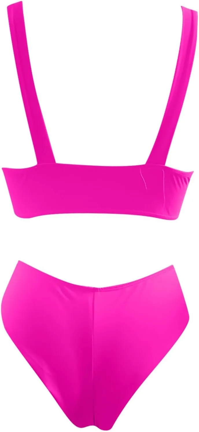 V Neck Bikini Set for Women Solid Color Knot Front Push Up High Waisted Thong Two Piece Swimsuit Bathing Suits