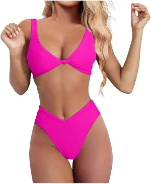 V Neck Bikini Set for Women Solid Color Knot Front Push Up High Waisted Thong Two Piece Swimsuit Bathing Suits