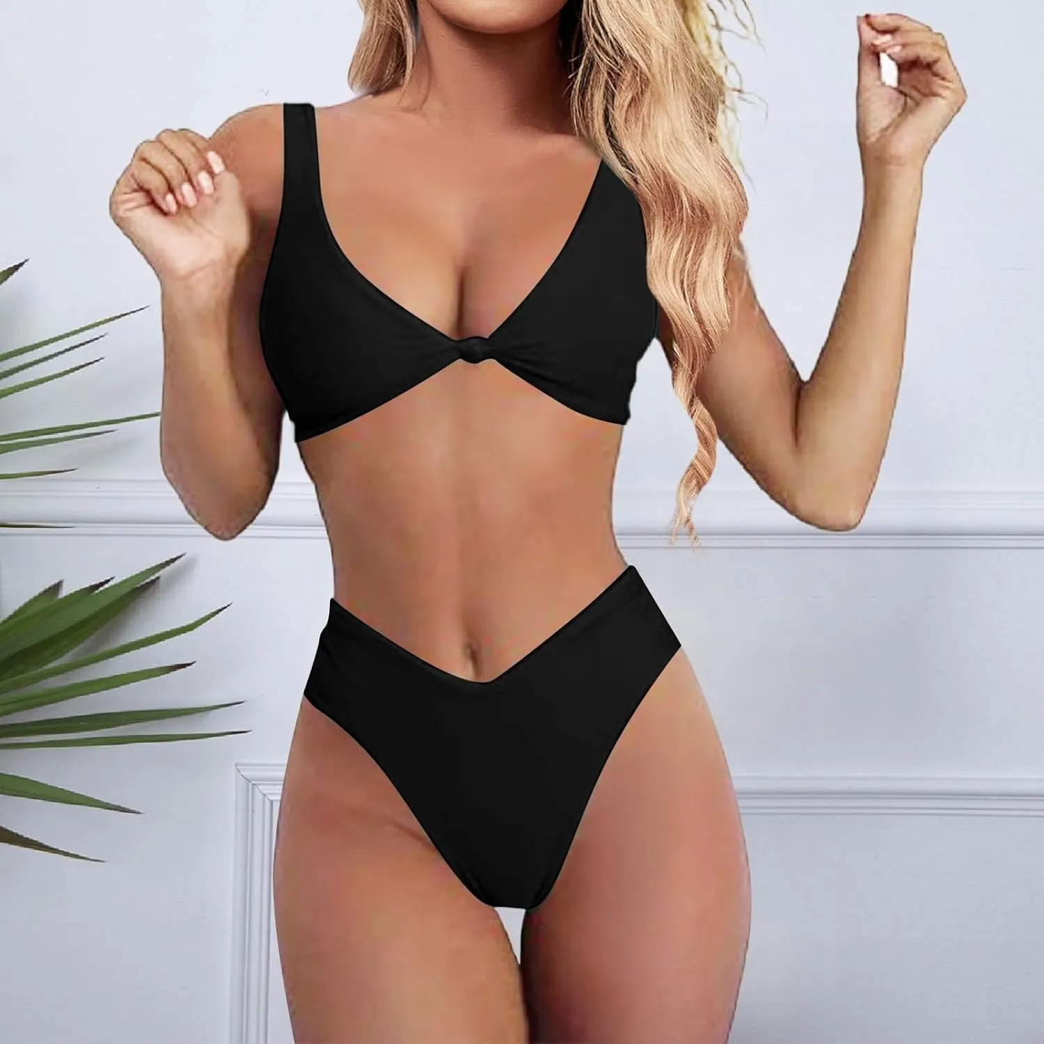 V Neck Bikini Set for Women Solid Color Knot Front Push Up High Waisted Thong Two Piece Swimsuit Bathing Suits