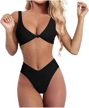 V Neck Bikini Set for Women Solid Color Knot Front Push Up High Waisted Thong Two Piece Swimsuit Bathing Suits