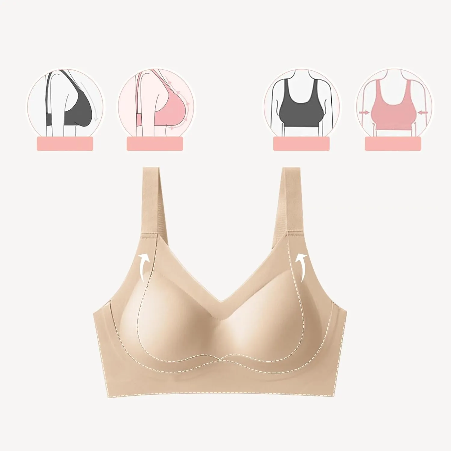 V Neck Bra Padded Seamless Wireless Adjustable Straps No Underwire with Soft Support Regular and Plus Size