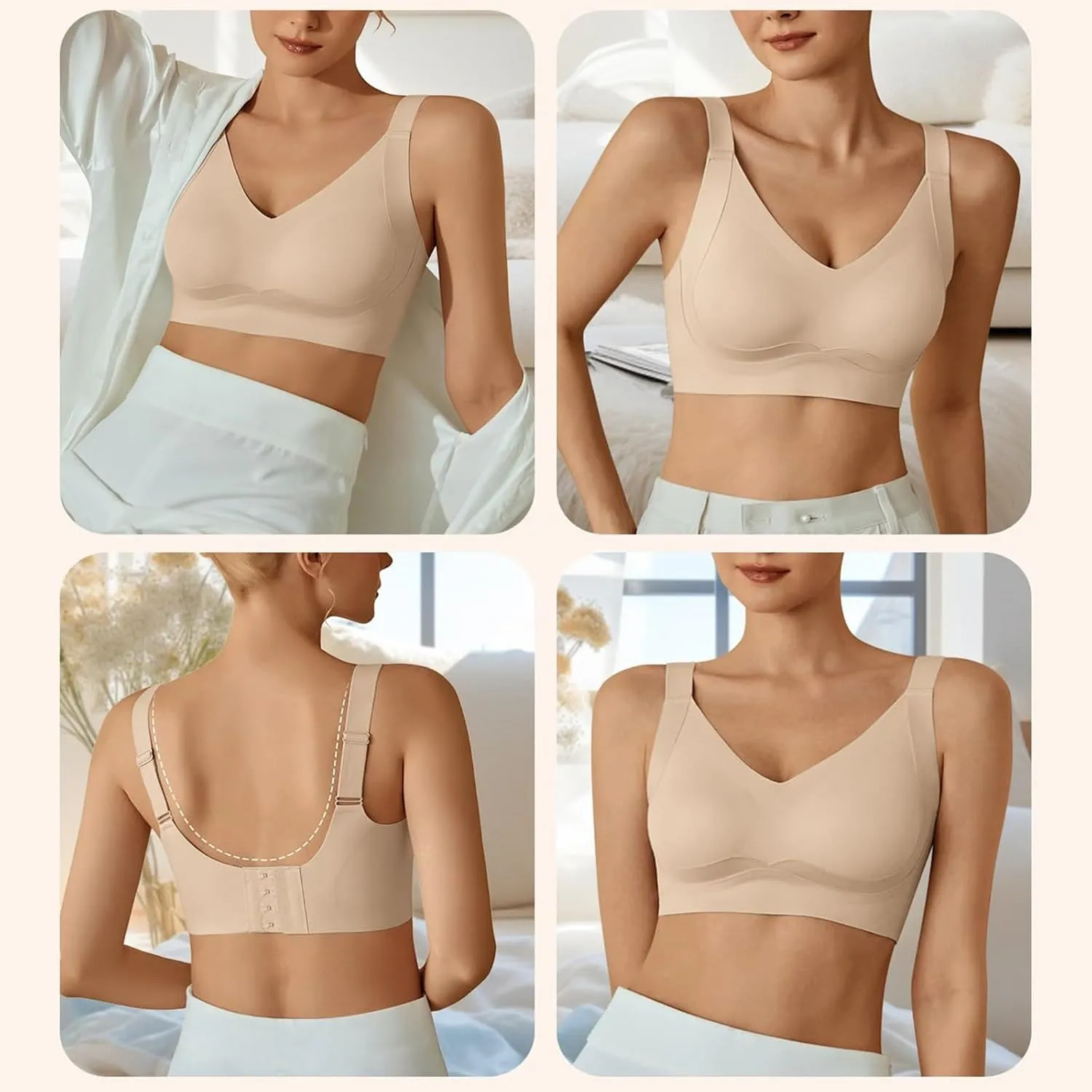 V Neck Bra Padded Seamless Wireless Adjustable Straps No Underwire with Soft Support Regular and Plus Size