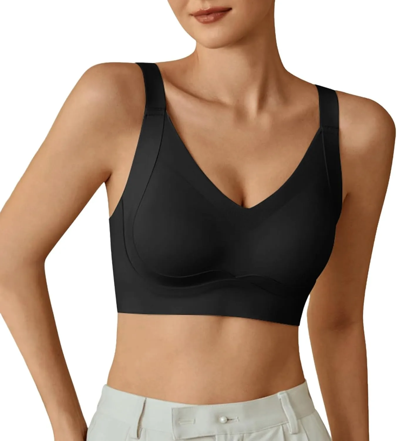 V Neck Bra Padded Seamless Wireless Adjustable Straps No Underwire with Soft Support Regular and Plus Size
