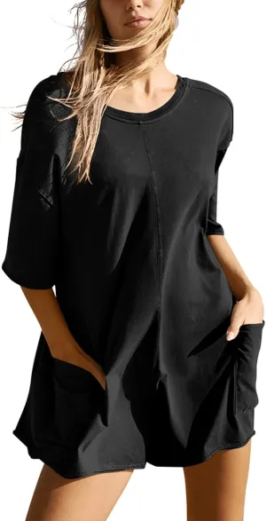 VAOYIU Womens Rompers for Summer Casual One Piece Jumpsuits Oversized Short Sleeve Hot Shot Tee Romper Athletic Workout