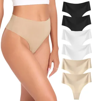Wealurre Womens Underwear High Waisted Seamless Thongs for Women Breathable No Show Panties for Ladies 6 Pack
