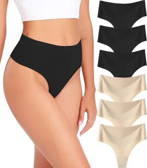 Wealurre Womens Underwear High Waisted Seamless Thongs for Women Breathable No Show Panties for Ladies 6 Pack