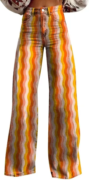Wide Leg Flare Jeans for Women Vintage Floral Print Baggy Bell Bottom Jean Baggy Retro Boyfriend Flower Denim Pants