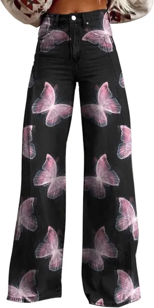 Wide Leg Flare Jeans for Women Vintage Floral Print Baggy Bell Bottom Jean Baggy Retro Boyfriend Flower Denim Pants