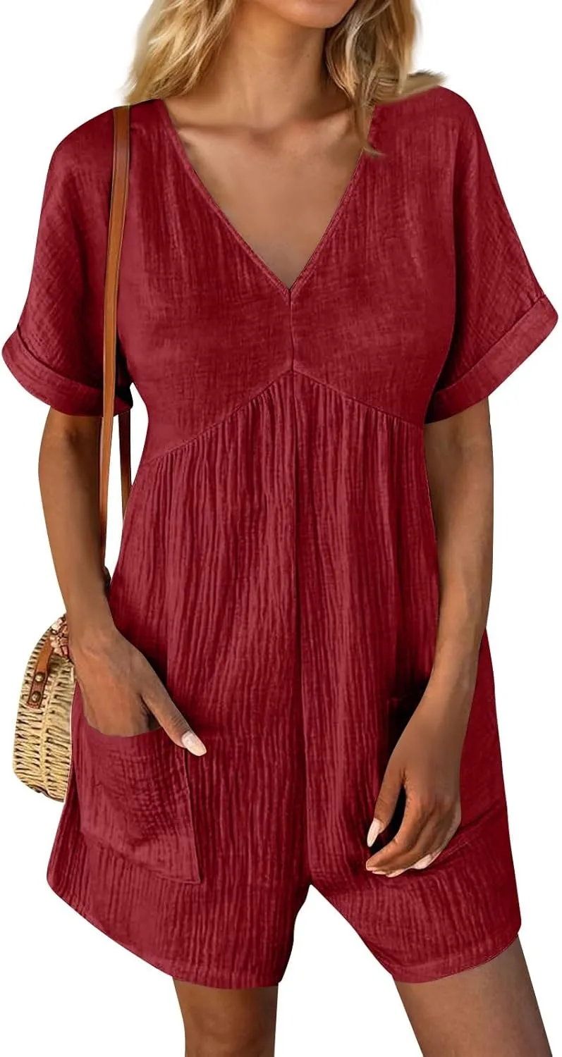 Women 2024 Summer Short Rompers Cotton Linen Jumpers Dressy Casual Tshirt Romper Jumpsuit Trendy Boho Outfits