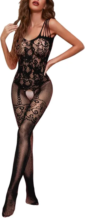 Women Babydoll Stretchy Fishnet Bodystocking Lingerie Floral Bodysuit Sleepwear for Women Jumpsuit Crisscross Hollow Out