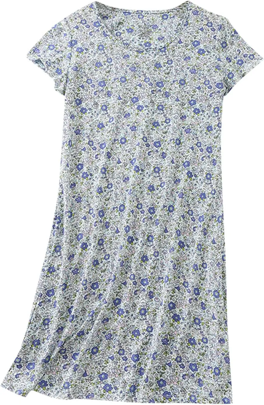 Women Boho Cotton Nightgowns Short Sleeve Crewneck Soft Nightshirts Floral Print Tunic Sleep Shirts Comfy Sleepdress