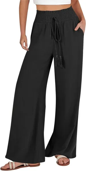 Women Cotton Linen Summer Floral Pants Elastic Waisted Lounge Pants Plus Size Trouser Beach
