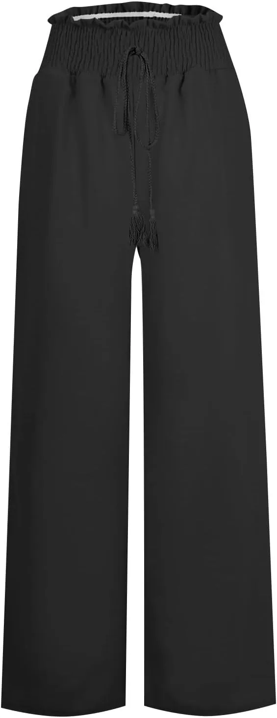 Women Cotton Linen Summer Floral Pants Elastic Waisted Lounge Pants Plus Size Trouser Beach