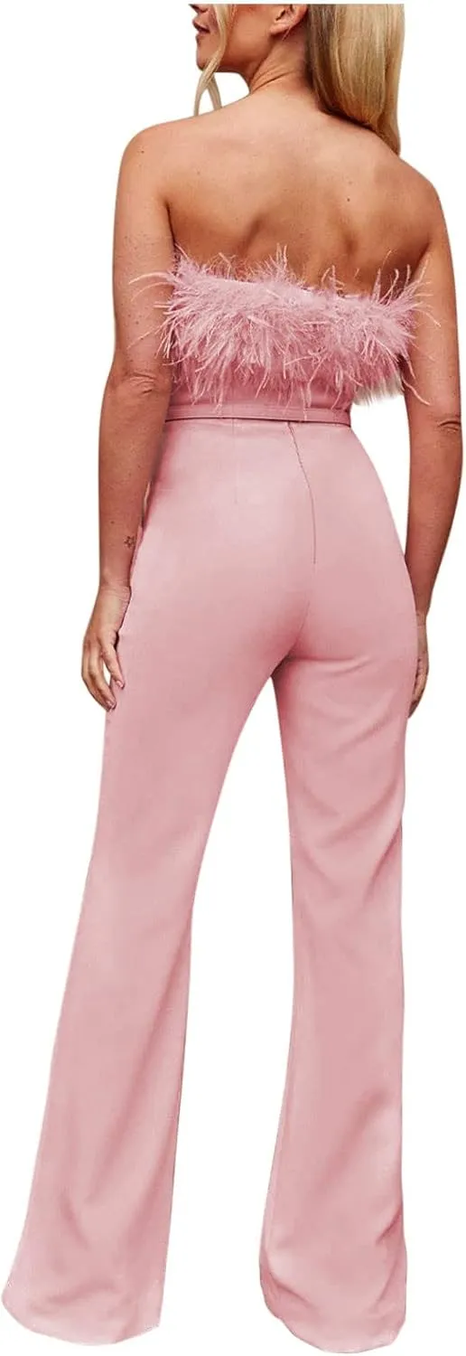Women Elegant Feather Tube Top Off Shoulder Belted Wide Leg Jumpsuit Romper Straight Long Pants Dressy Party Clubwear