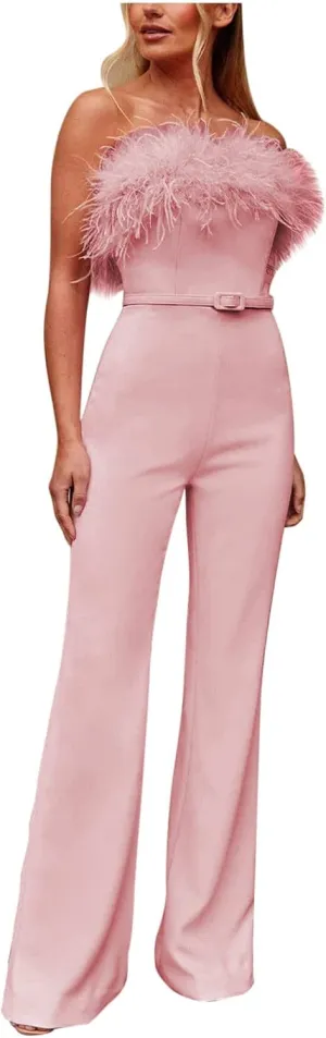 Women Elegant Feather Tube Top Off Shoulder Belted Wide Leg Jumpsuit Romper Straight Long Pants Dressy Party Clubwear
