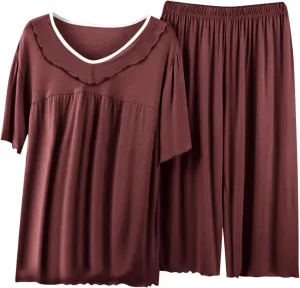Women Lettuce Trim Pajama Set Cute 2 Piece Lounge Outfit Soft Cozy Short Sleeve Babydoll Tee Tops and Capri Pant Pjs