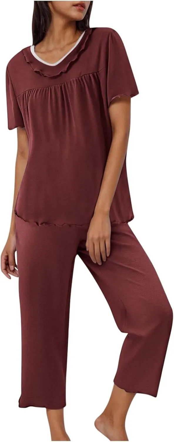 Women Lettuce Trim Pajama Set Cute 2 Piece Lounge Outfit Soft Cozy Short Sleeve Babydoll Tee Tops and Capri Pant Pjs