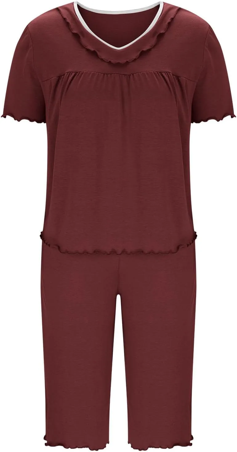 Women Lettuce Trim Pajama Set Cute 2 Piece Lounge Outfit Soft Cozy Short Sleeve Babydoll Tee Tops and Capri Pant Pjs