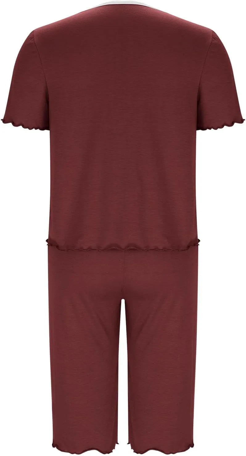 Women Lettuce Trim Pajama Set Cute 2 Piece Lounge Outfit Soft Cozy Short Sleeve Babydoll Tee Tops and Capri Pant Pjs