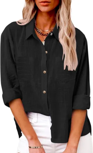 Women Linen Button Down Shirt Gauze Cotton Dress Shirt Long Sleeve Oversized Friend Solid Tunic Tops