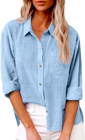 Women Linen Button Down Shirt Gauze Cotton Dress Shirt Long Sleeve Oversized Friend Solid Tunic Tops