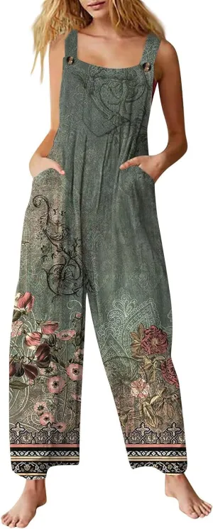 Women Linen Overalls 2025 Summer Casual Floral Pants Loose Fit Rompers Boho Cute Print Wide Leg Jumpsuit with Pockets