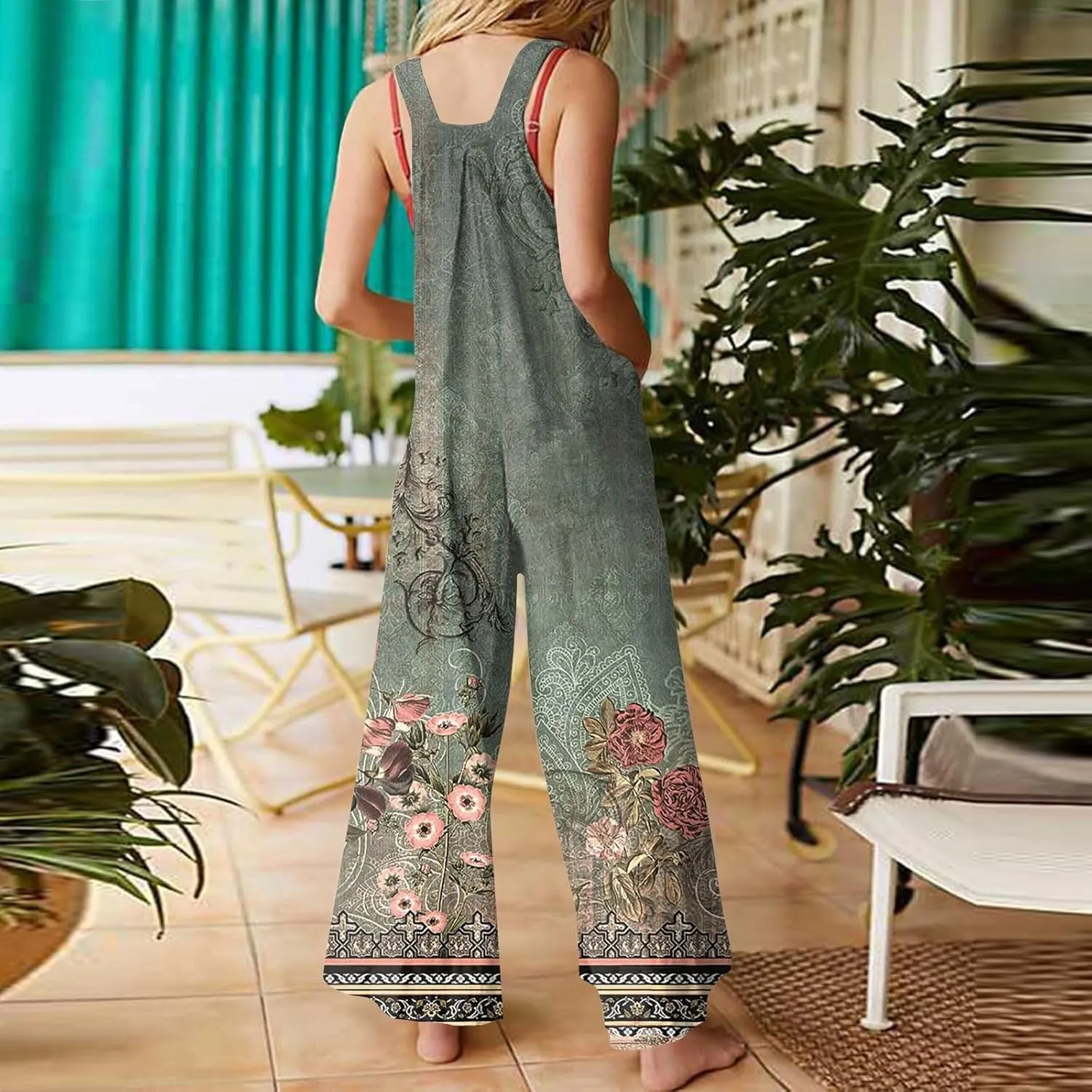 Women Linen Overalls 2025 Summer Casual Floral Pants Loose Fit Rompers Boho Cute Print Wide Leg Jumpsuit with Pockets
