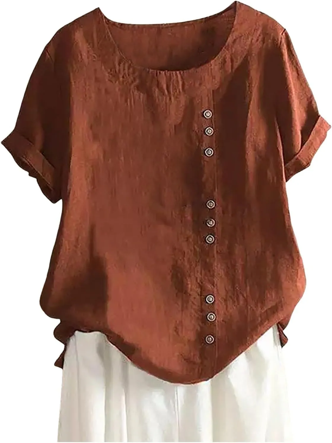Women Linen Shirts Summer Linen Button Long Sleeve T Shirt Casual Plus Size Lightweight Crewneck Tshirts