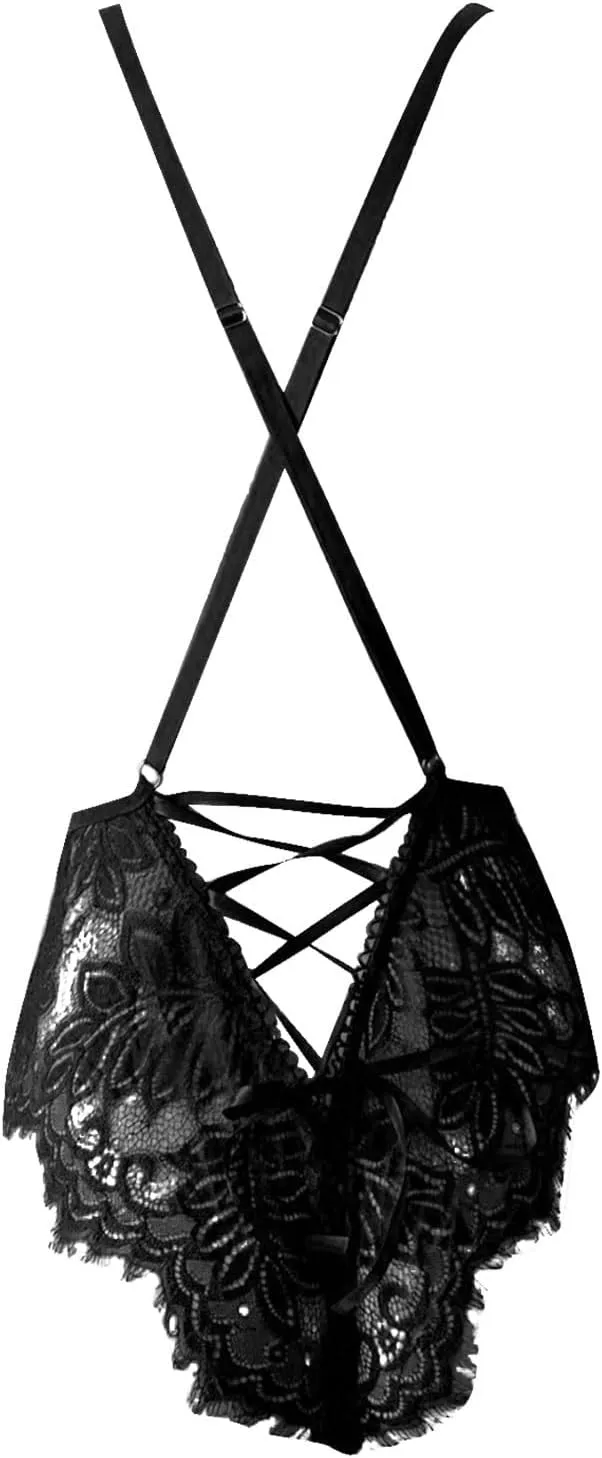 Women One Piece Bodysuit Lace Deep V Neck Lingerie Hollow Out Babydoll Bodysuit Fishnet Outfits Mesh Sheer Sleepwear