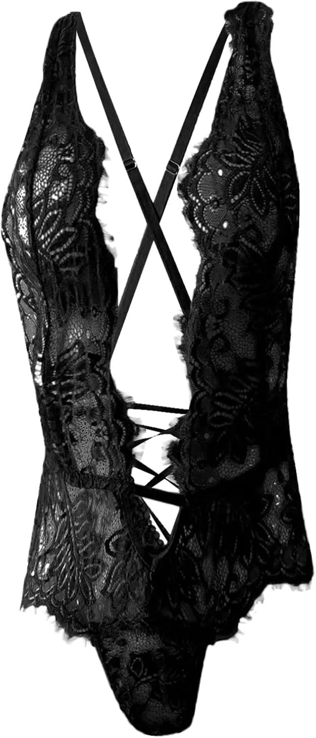 Women One Piece Bodysuit Lace Deep V Neck Lingerie Hollow Out Babydoll Bodysuit Fishnet Outfits Mesh Sheer Sleepwear