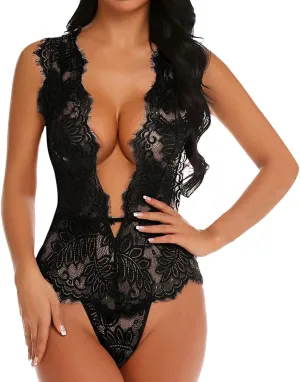 Women One Piece Bodysuit Lace Deep V Neck Lingerie Hollow Out Babydoll Bodysuit Fishnet Outfits Mesh Sheer Sleepwear