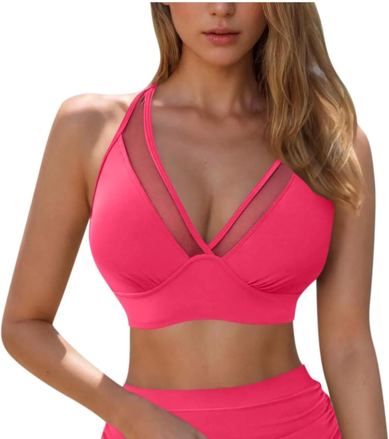 Women Push Up Bikini Tops Mesh See Through Swimsuits Tops Padded Wireless Bathing Suit Adjustable Strap Crop Swim Top