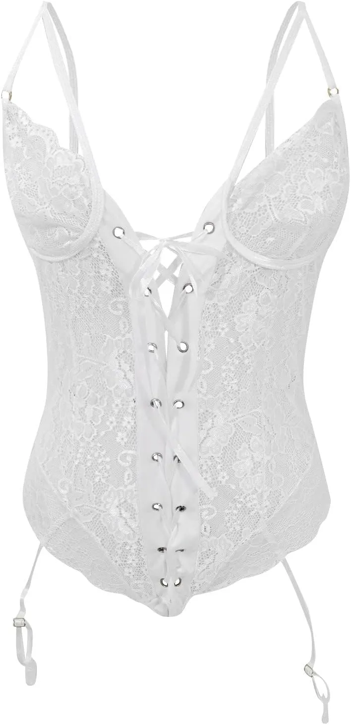 Women Sexy Lingerie Floral Lace Garter Teddy Bodysuit Front Lace Up Fashion Costume for