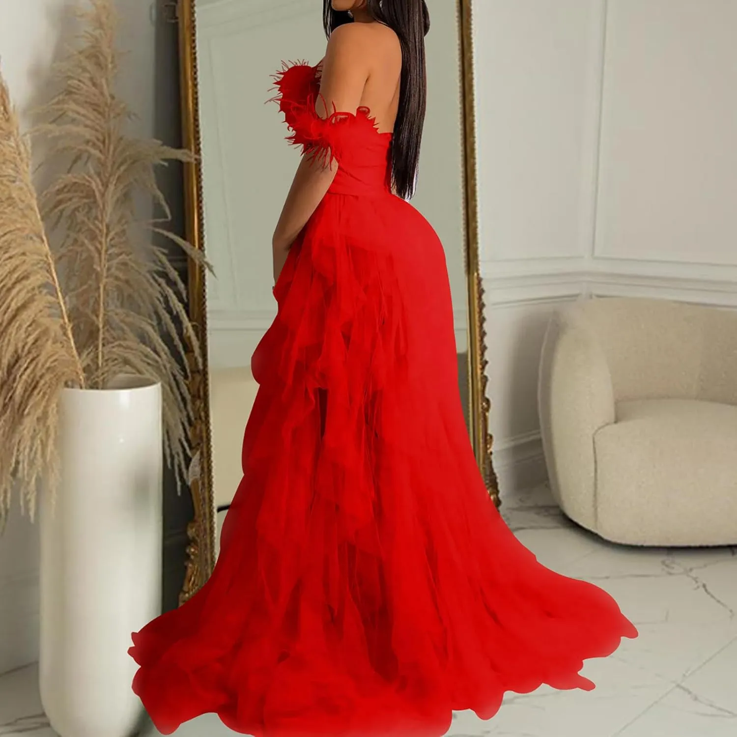 Women Sexy Tulle Dress Crochet Lace Mesh See Through Maxi Cocktail Party Dress Strapless Boho Wedding Guest Dresses