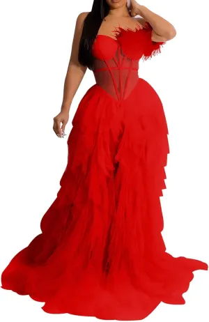 Women Sexy Tulle Dress Crochet Lace Mesh See Through Maxi Cocktail Party Dress Strapless Boho Wedding Guest Dresses