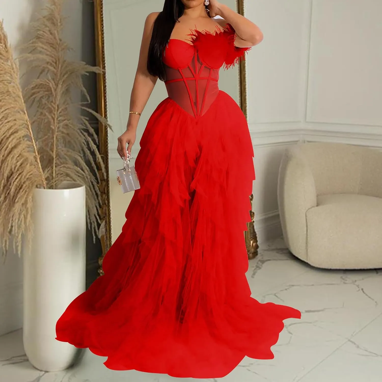 Women Sexy Tulle Dress Crochet Lace Mesh See Through Maxi Cocktail Party Dress Strapless Boho Wedding Guest Dresses