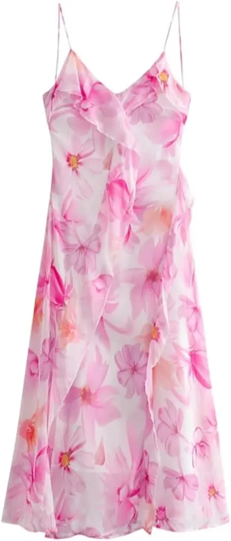 Women Sleeveless Ruffled Slip Dress V-Neck Print Backless Party Casual Midi Dresses