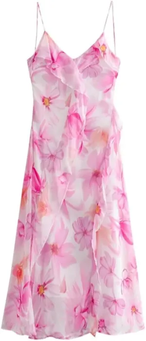 Women Sleeveless Ruffled Slip Dress V-Neck Print Backless Party Casual Midi Dresses