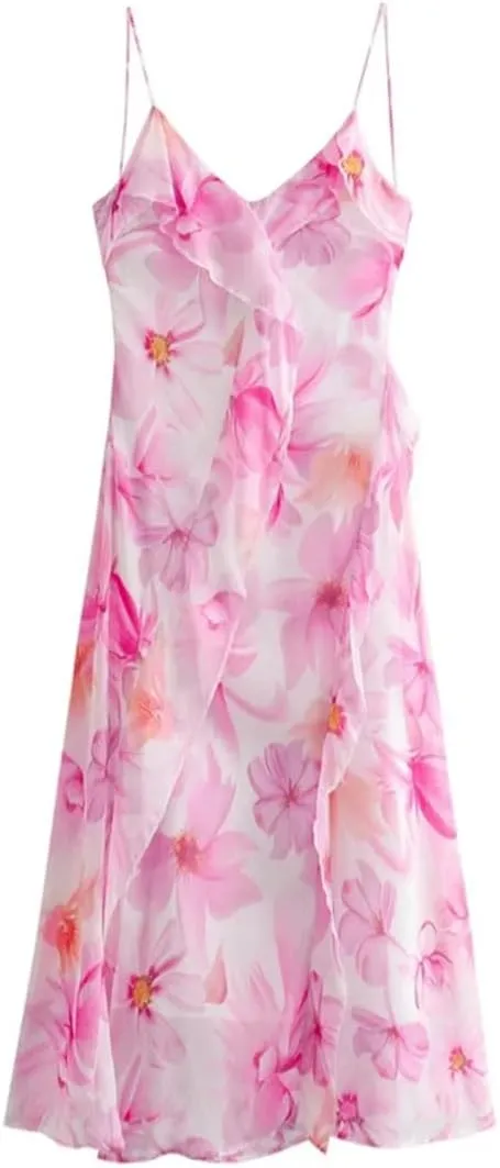 Women Sleeveless Ruffled Slip Dress V-Neck Print Backless Party Casual Midi Dresses