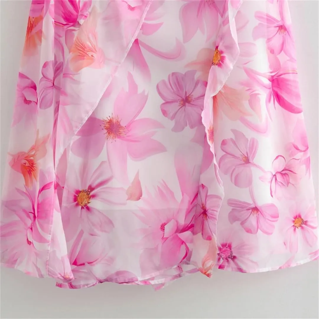 Women Sleeveless Ruffled Slip Dress V-Neck Print Backless Party Casual Midi Dresses