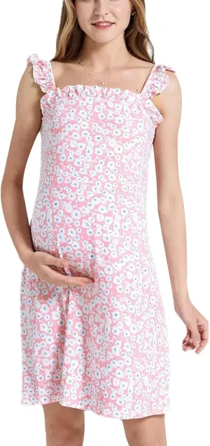 Women Summer Casual Maternity Dress Ruffle Sleeve Floral Print Crew Neck Loose Flowy Swing Pregnancy Short Dresses