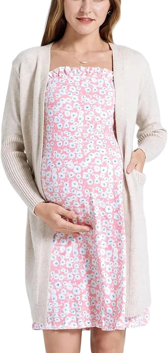 Women Summer Casual Maternity Dress Ruffle Sleeve Floral Print Crew Neck Loose Flowy Swing Pregnancy Short Dresses