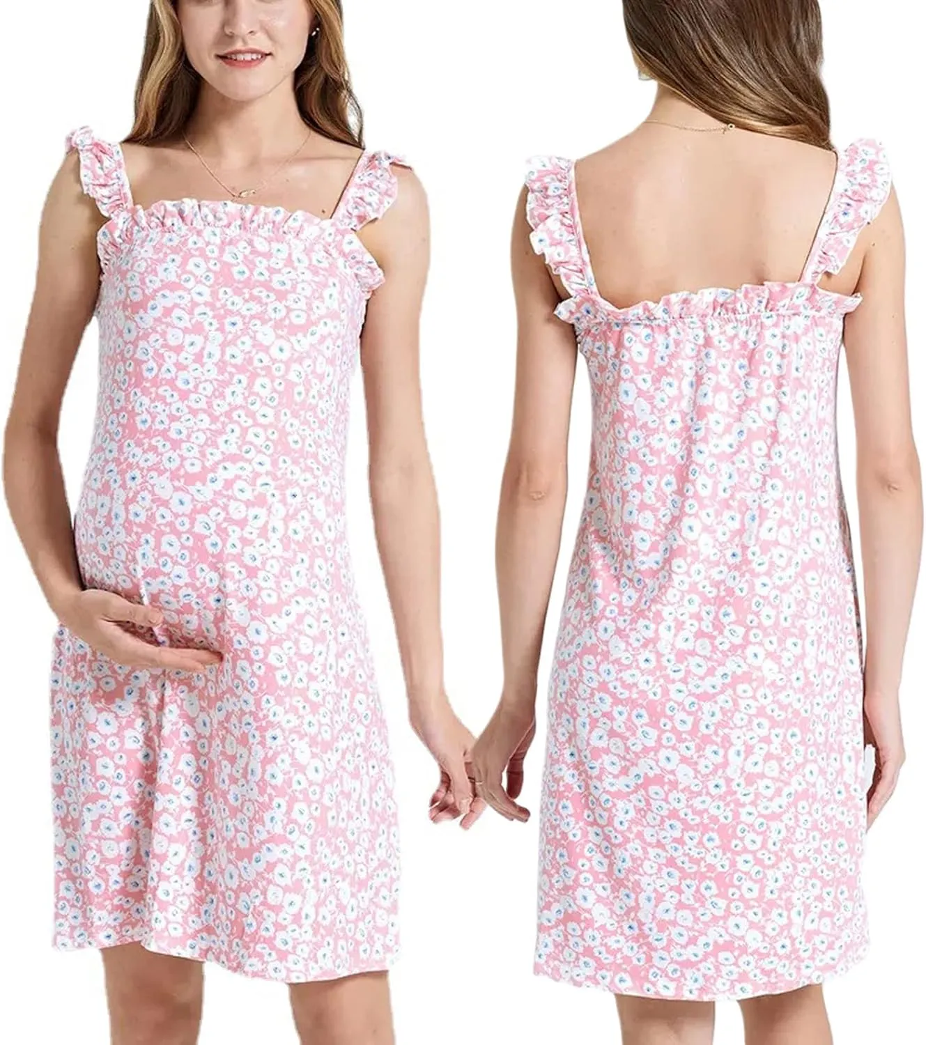 Women Summer Casual Maternity Dress Ruffle Sleeve Floral Print Crew Neck Loose Flowy Swing Pregnancy Short Dresses