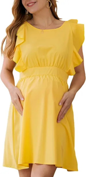 Women Summer Casual Maternity Dress Ruffle Sleeve Floral Print Crew Neck Loose Flowy Swing Pregnancy Short Dresses