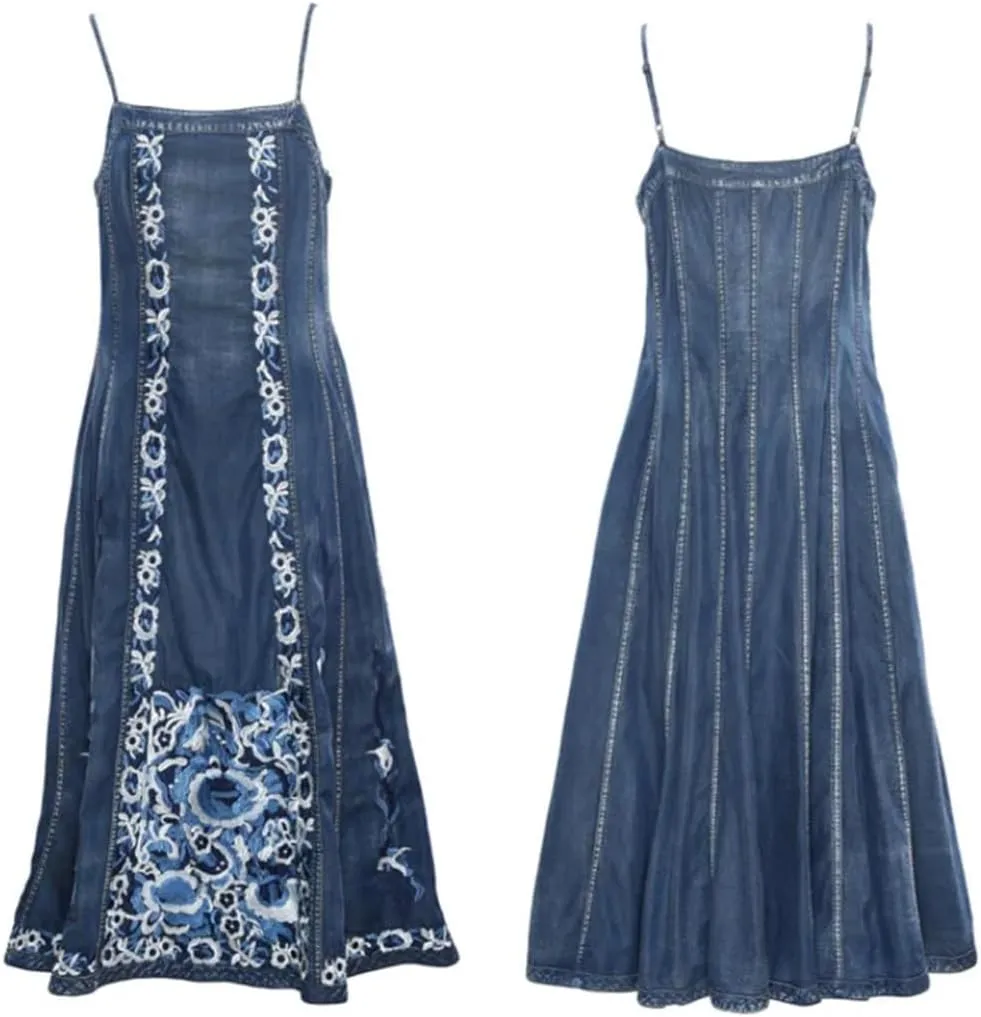 Women Summer Sleeveless Camisole Jeans Dress Embroidery Split Joint Vintage A-Line Pleated Denim Dress