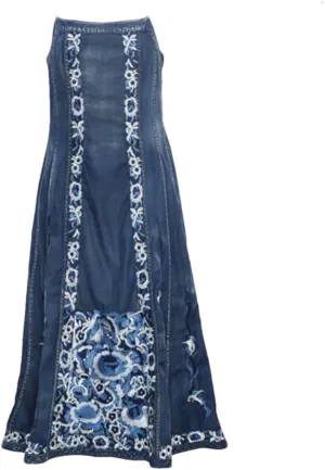Women Summer Sleeveless Camisole Jeans Dress Embroidery Split Joint Vintage A-Line Pleated Denim Dress