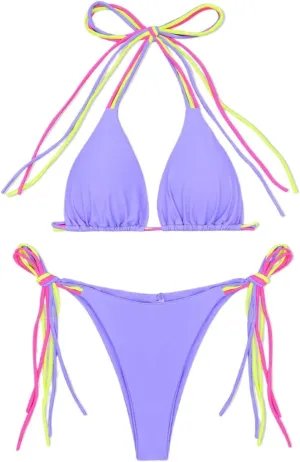 Women Triangle Halter Bikini Tops Adjustable Lace-up String 2 Piece Swimsuit Ruched Thong Brazilian Bathing Suit