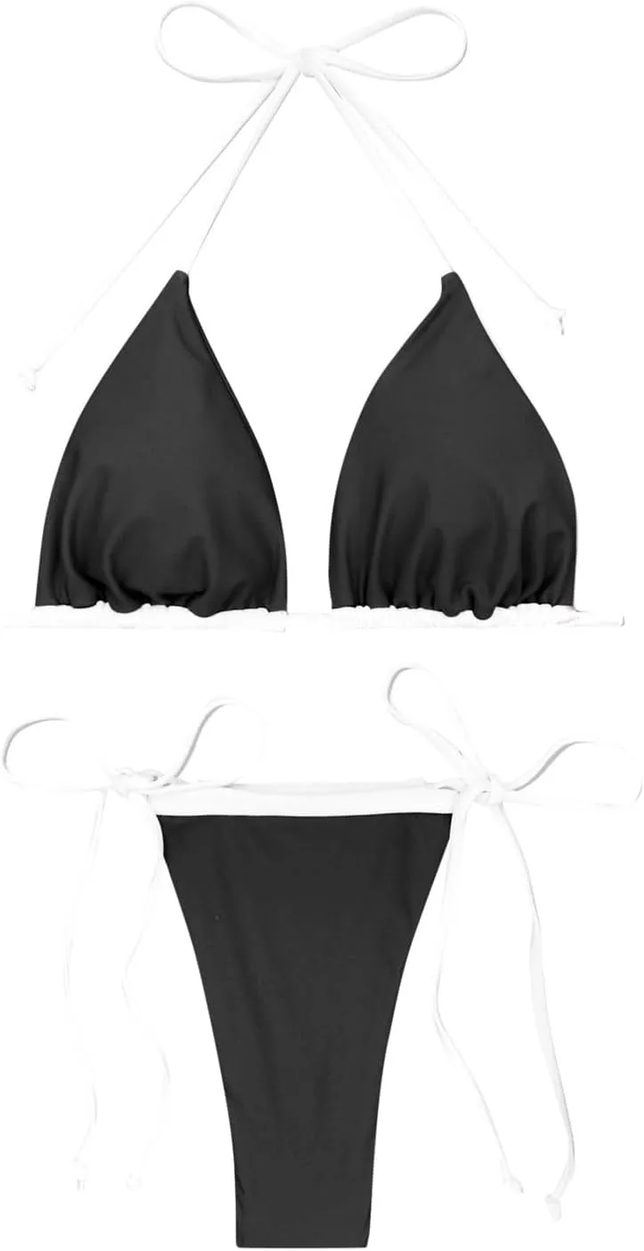 Women Triangle Halter Bikini Tops Adjustable Lace-up String 2 Piece Swimsuit Ruched Thong Brazilian Bathing Suit