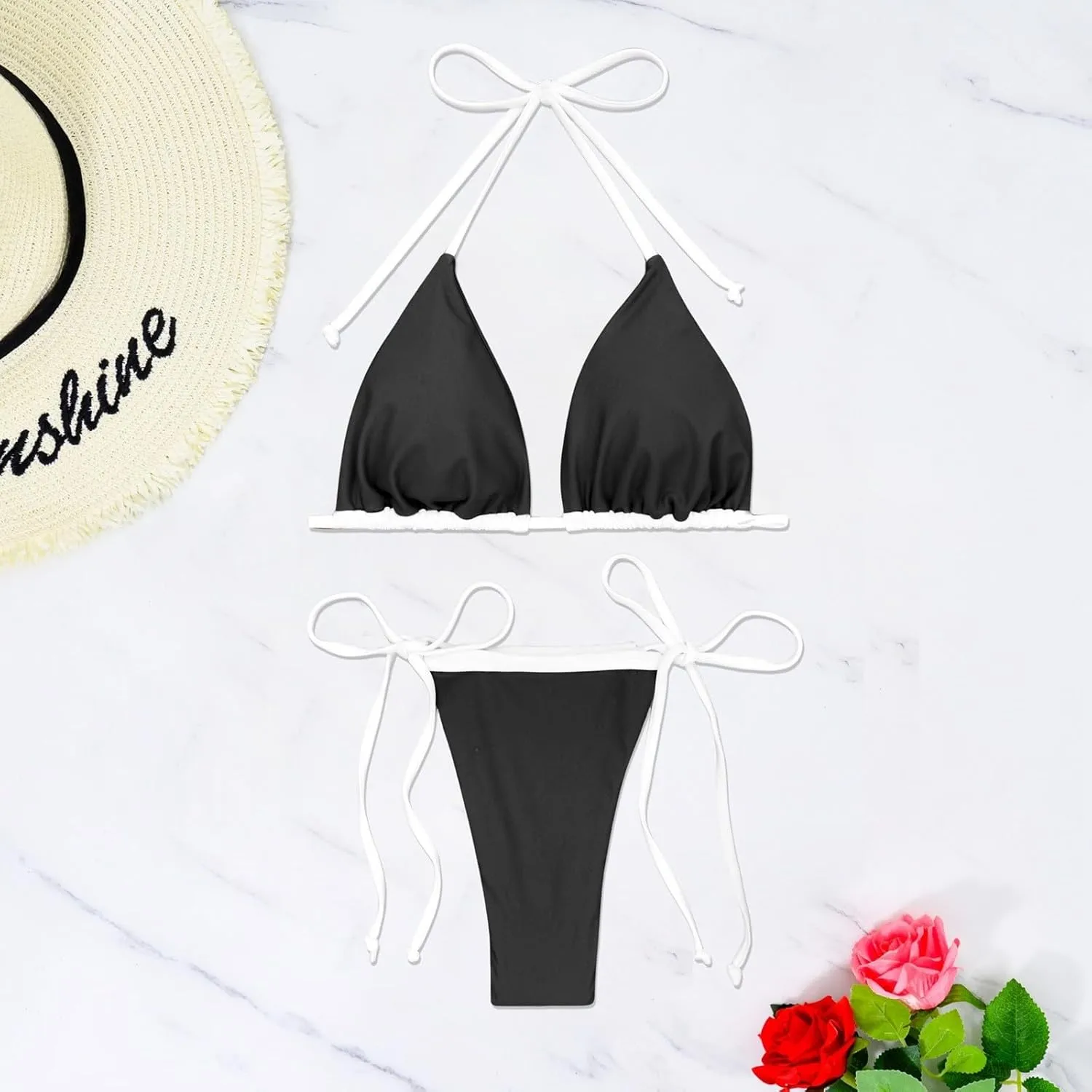 Women Triangle Halter Bikini Tops Adjustable Lace-up String 2 Piece Swimsuit Ruched Thong Brazilian Bathing Suit