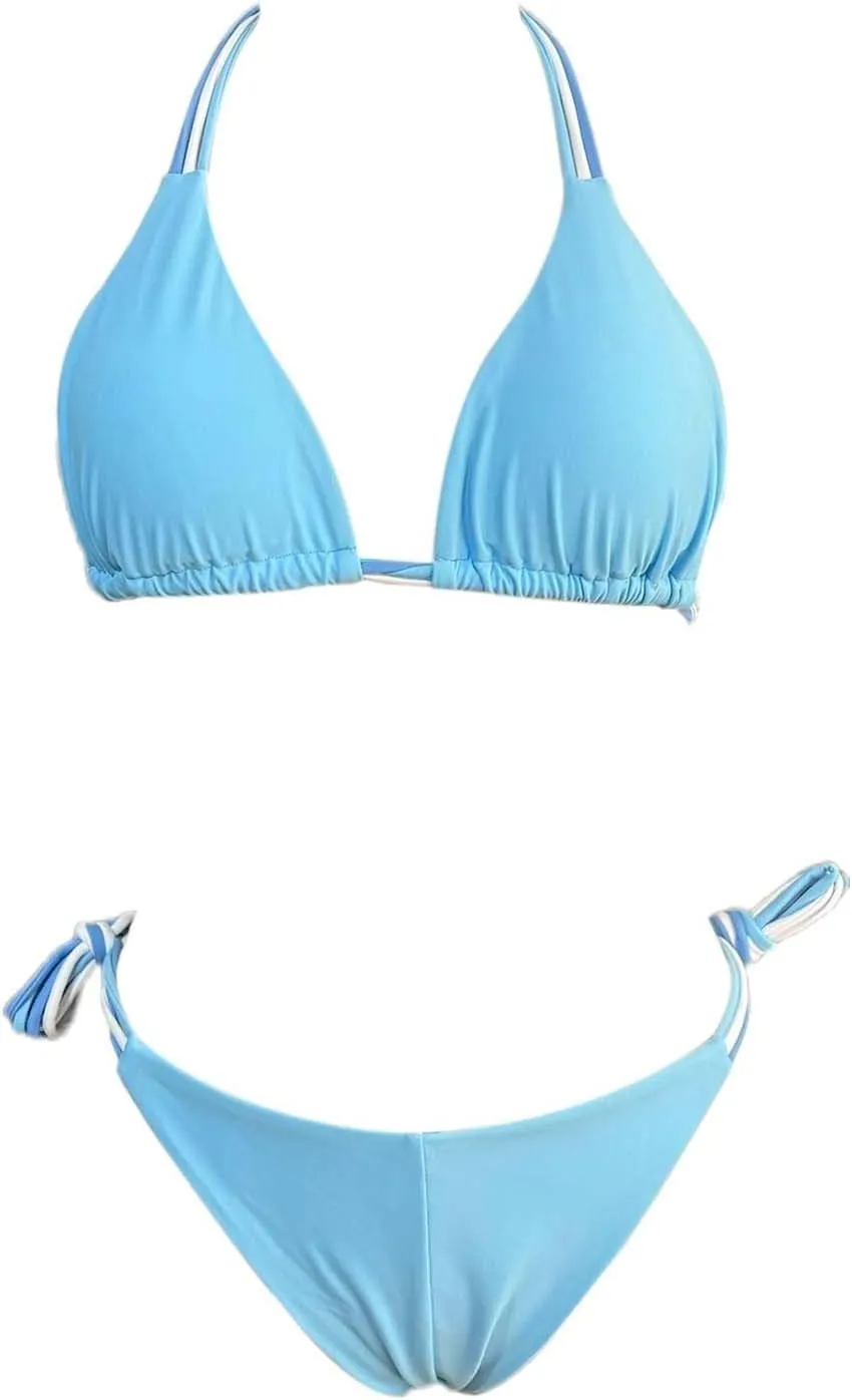 Women Triangle Halter Bikini Tops Adjustable Lace-up String 2 Piece Swimsuit Ruched Thong Brazilian Bathing Suit